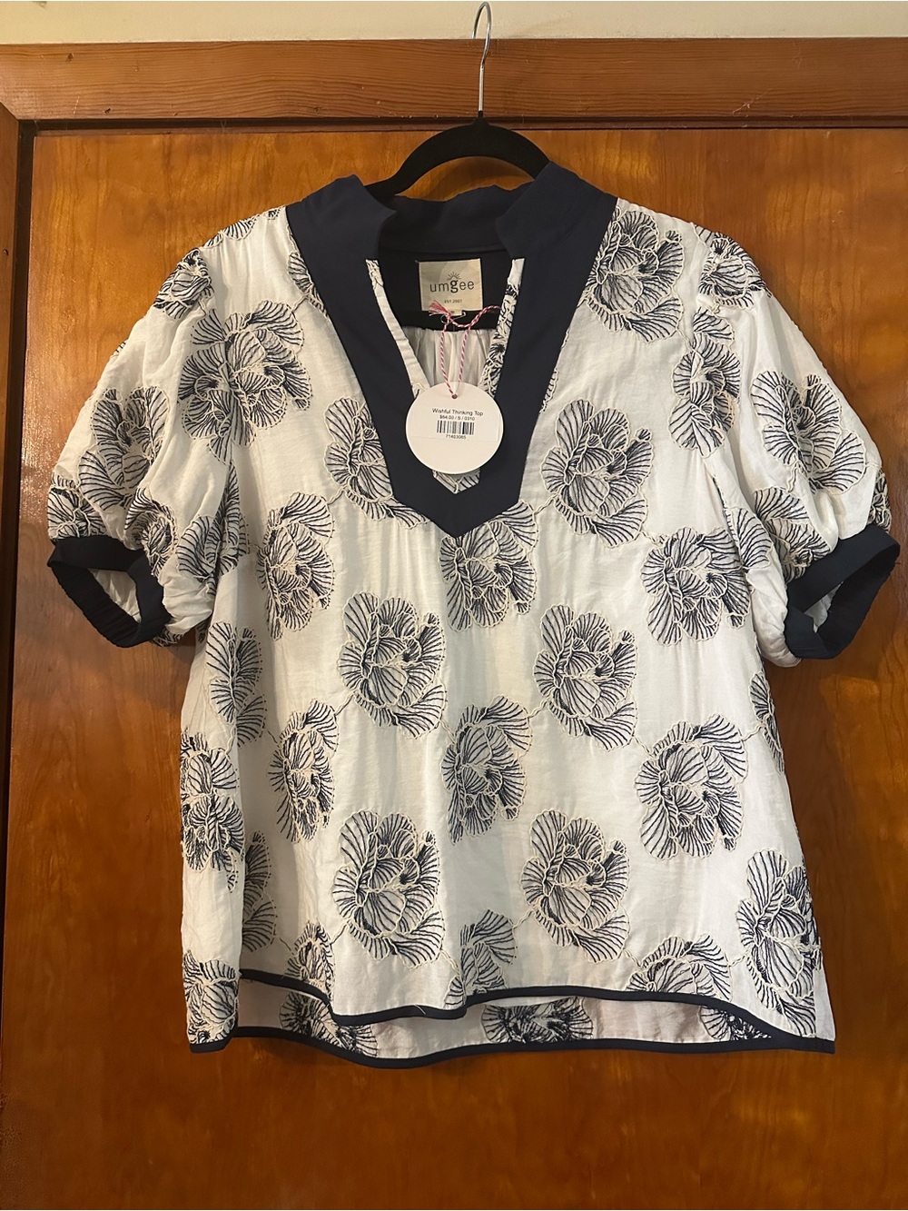 Umgee White Blouse with Navy Floral Print and Navy Trim